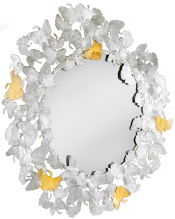 Large round design wall mirror "Ginkgo Leafs" Ø 92 cm, silver