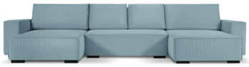 Grosse U-Form Sofa „Eveline“ mit Bettfunktion und Cordbezug in Hellblau